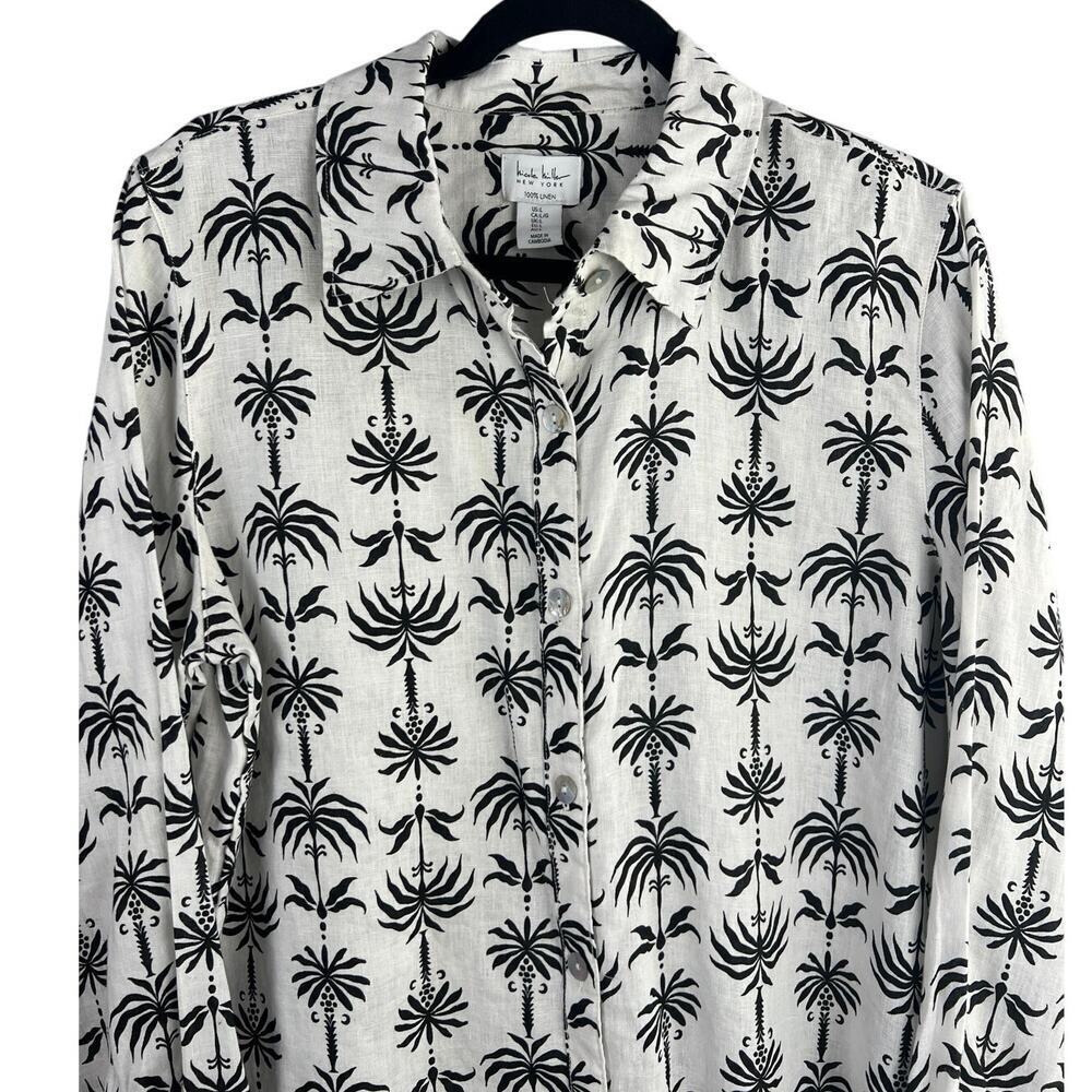 Nicole Miller 100% Linen Black and White Long Sleeve Button Down Size L - Picture 3 of 7